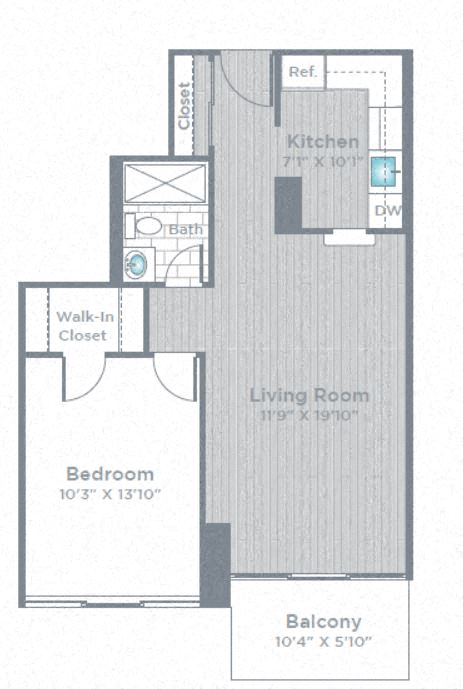 Floor plan for 1 bed, 1 bath, 670 sqft